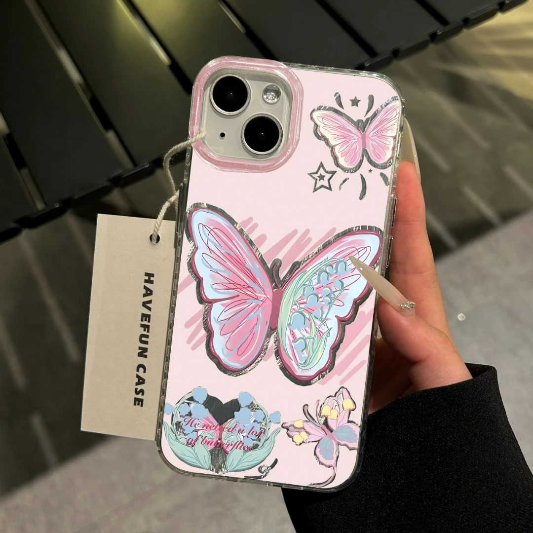 夏屿乐粉色蝴蝶ins风iPhone15苹果14手机壳羽纱华为vivo小米oppo