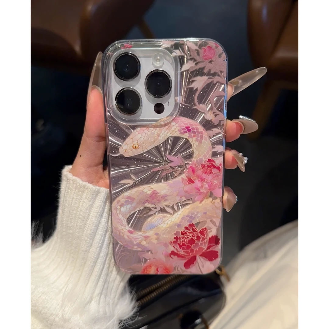 高级感国风牡丹蛇适用iPhone16promax苹果13/15极光手机壳1412新