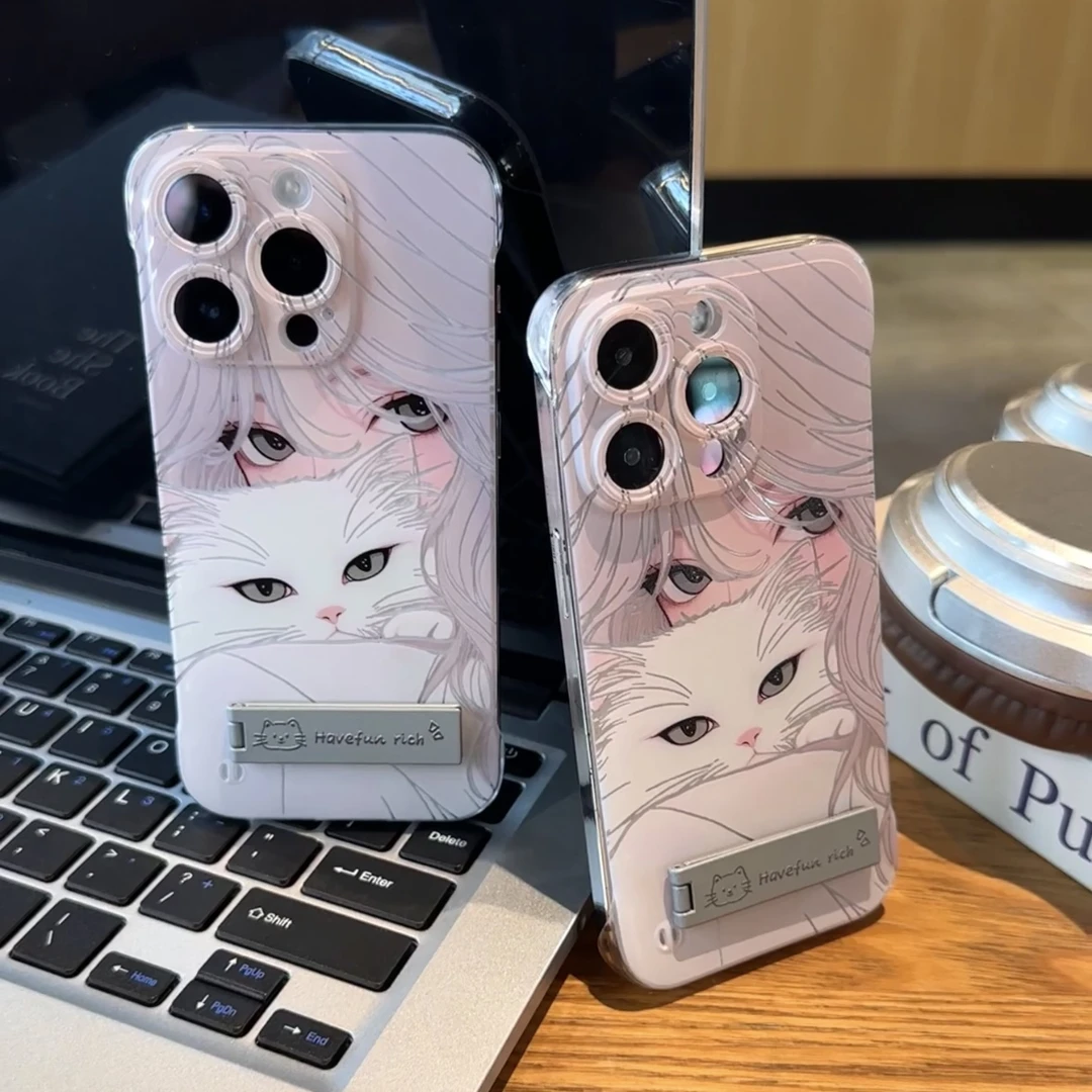 雅天立少女与猫适用iPhone13手机壳苹果15情侣14华为vivo小米oppo
