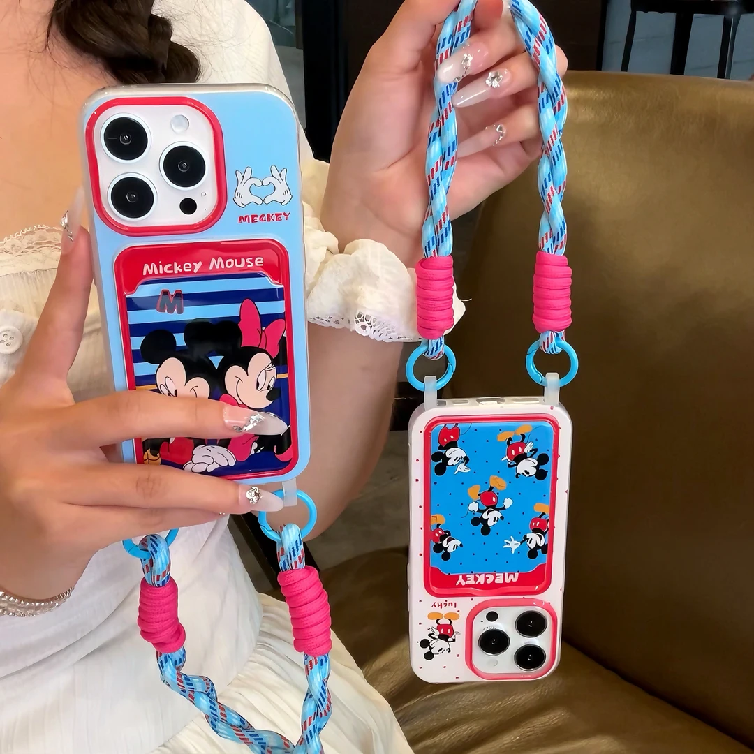 雅天立可爱米奇卡包适用苹果15手机壳iPhone13promax14挂绳12女11