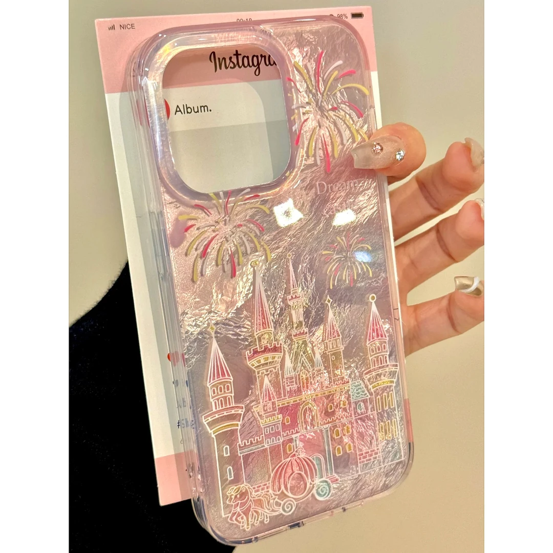 雅天立粉色梦幻烟花城堡适用iPhone16苹果13/15promax手机壳14/11