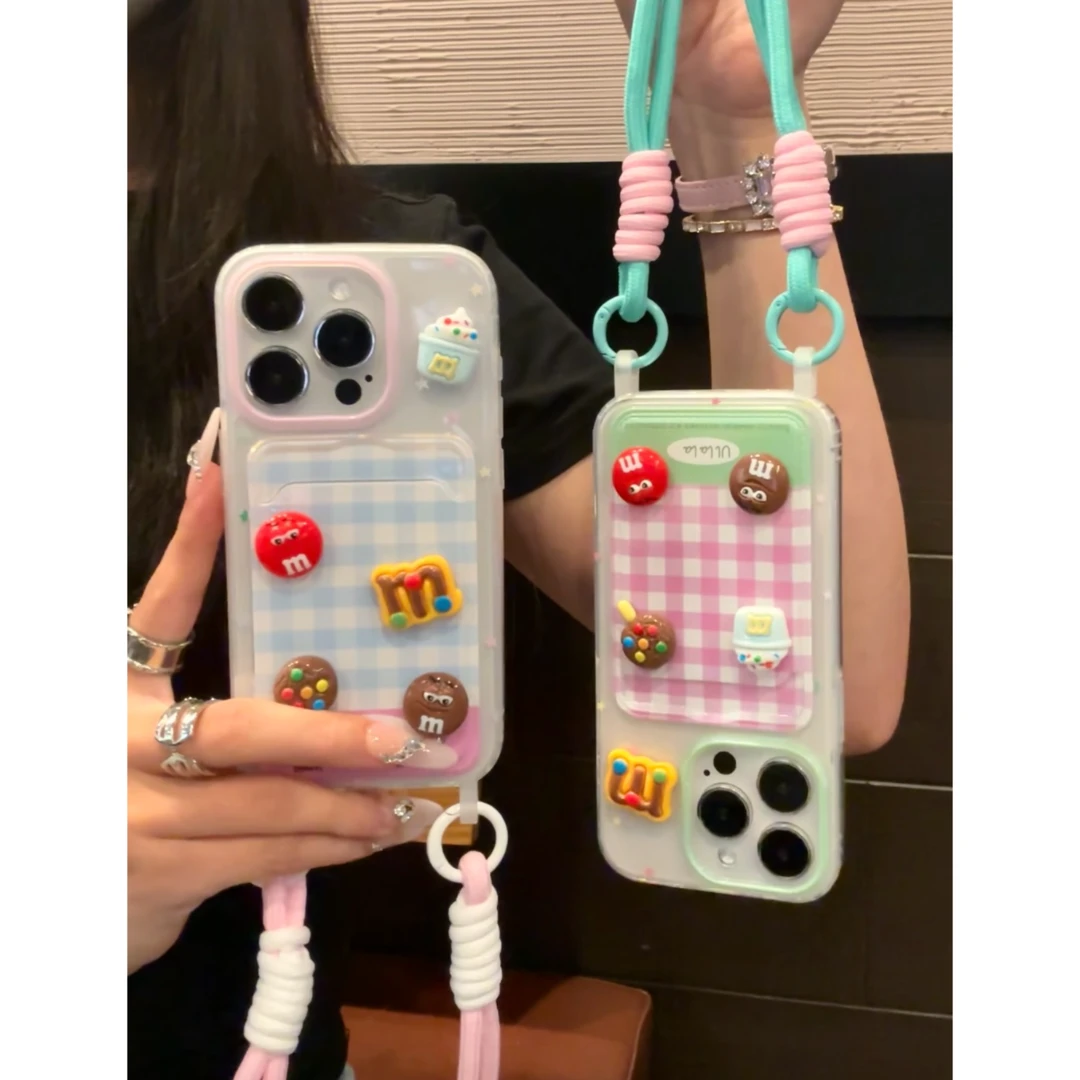 雅天立格纹M豆卡包适用苹果13手机壳iPhone14promax/15挂绳12软11