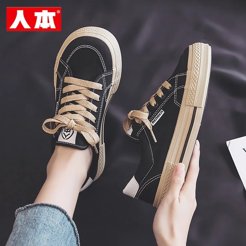 人本女鞋帆布鞋2025秋季新款百搭厚底潮ins复古板鞋休闲运动鞋子