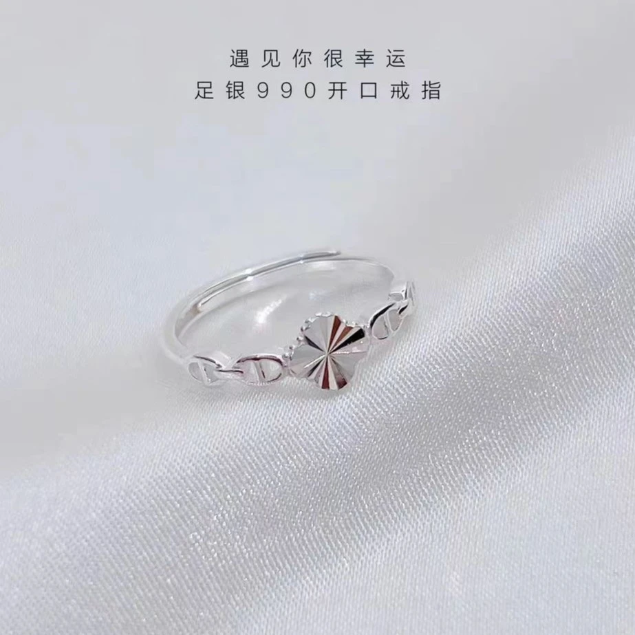 足银戒指 足银990车花四叶草戒指精致秀气时尚气质复古甜美银戒银