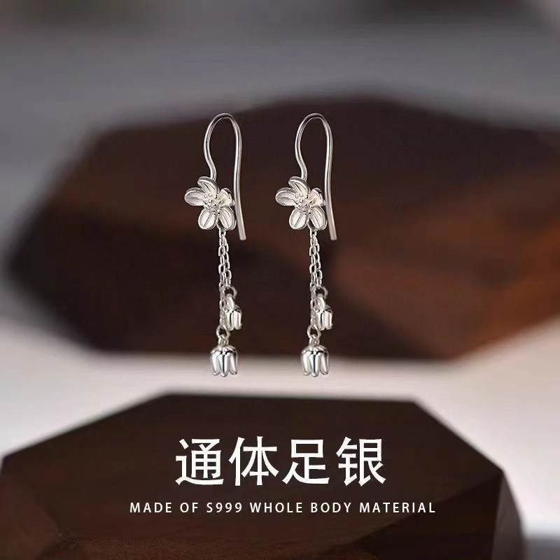 足银耳饰 S999足银流苏莲花耳环高级感足银百搭长款耳线足银耳饰