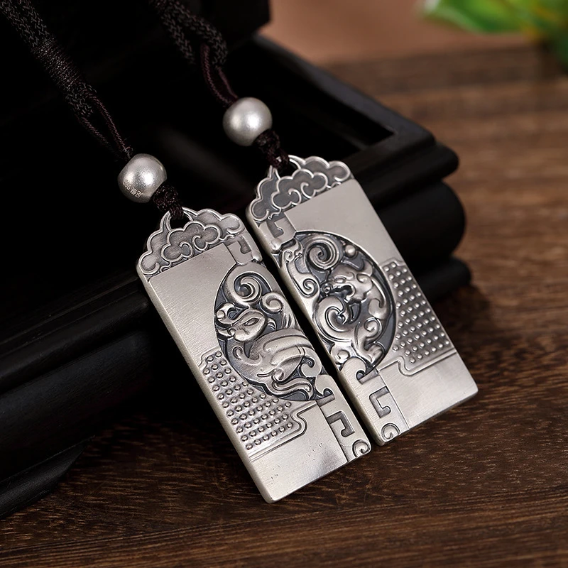 吊坠925银 S999足银龙凤呈祥吊坠情侣复古个性潮银牌项链纯银男女