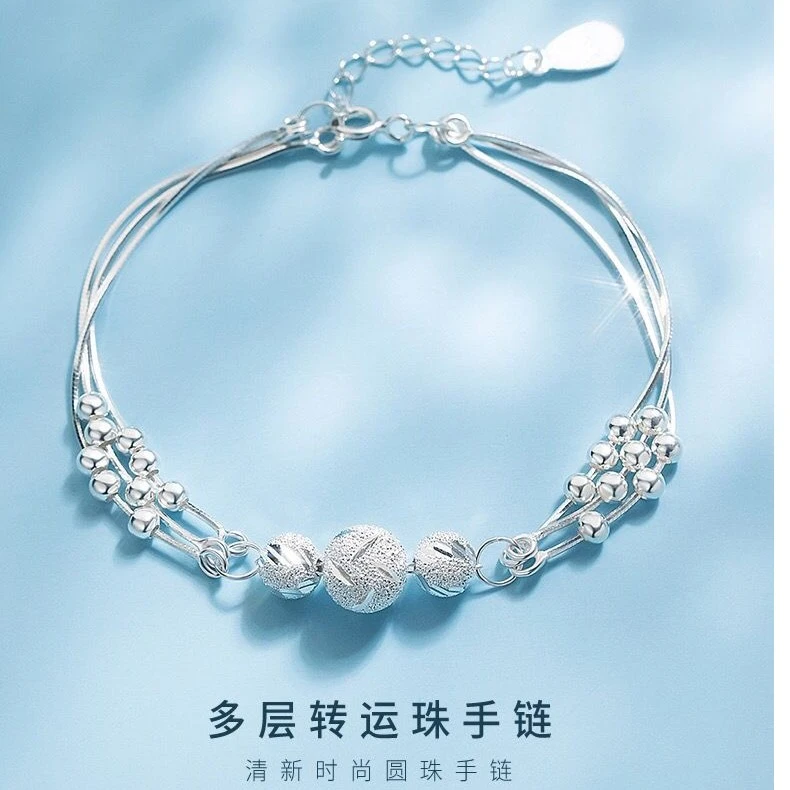 足银手链 足银转运珠多层手链女纯银三生三世女生小众设计时尚款