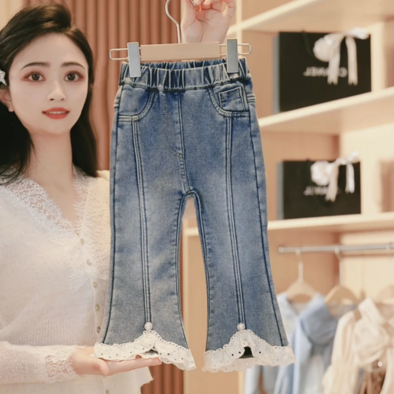 【媛媛妈专属】秋冬加绒女童牛仔裤新款洋气女孩外穿百搭花边喇叭裤