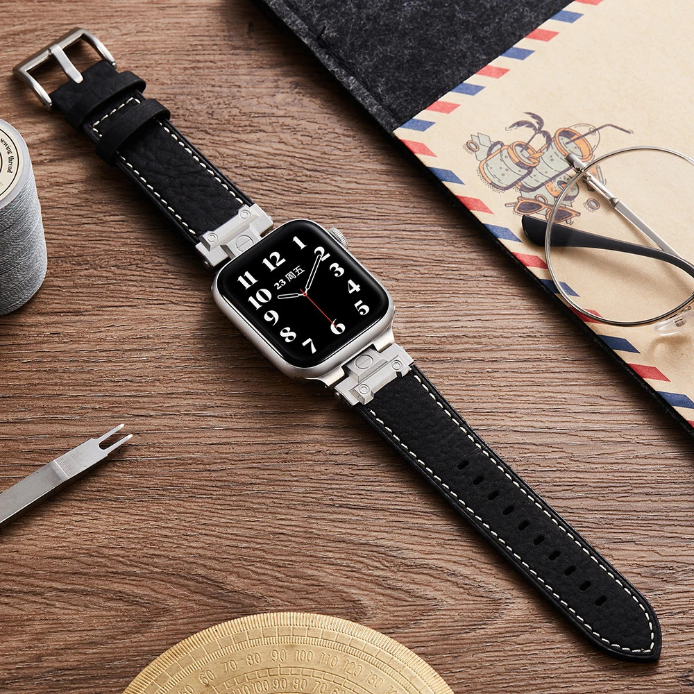 适用苹果S10表带男iwatch9手表女applewatch秋冬头层牛皮真皮SE