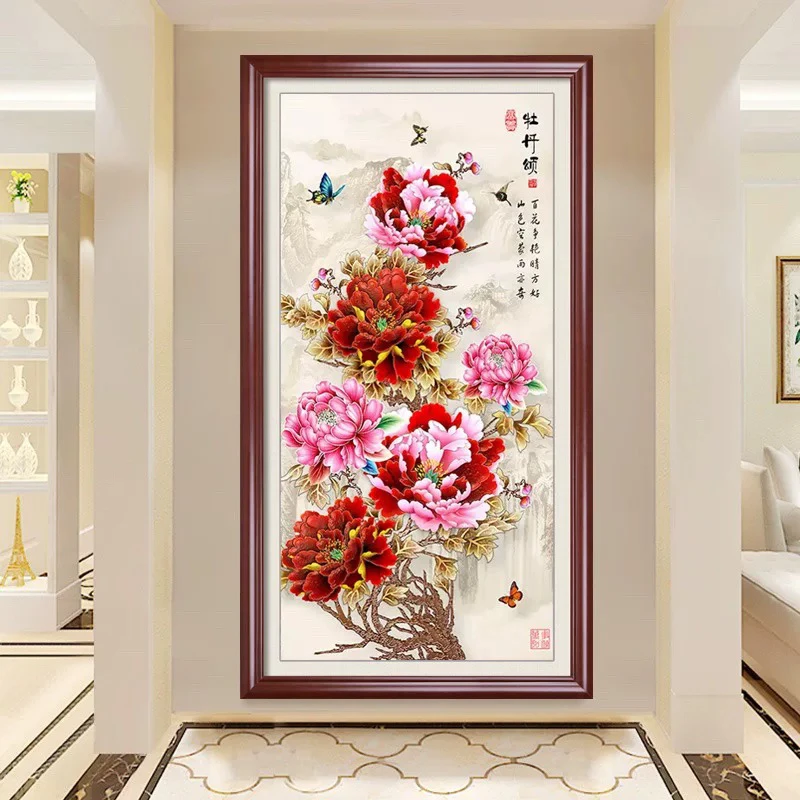 1.2米纯手工绣好的十字绣成品529竖版金叶子牡丹颂装饰画