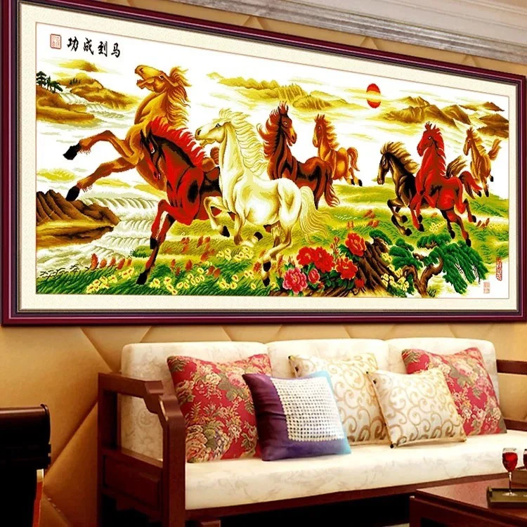3米纯手工绣好的十字绣成品经典马到成功装饰画