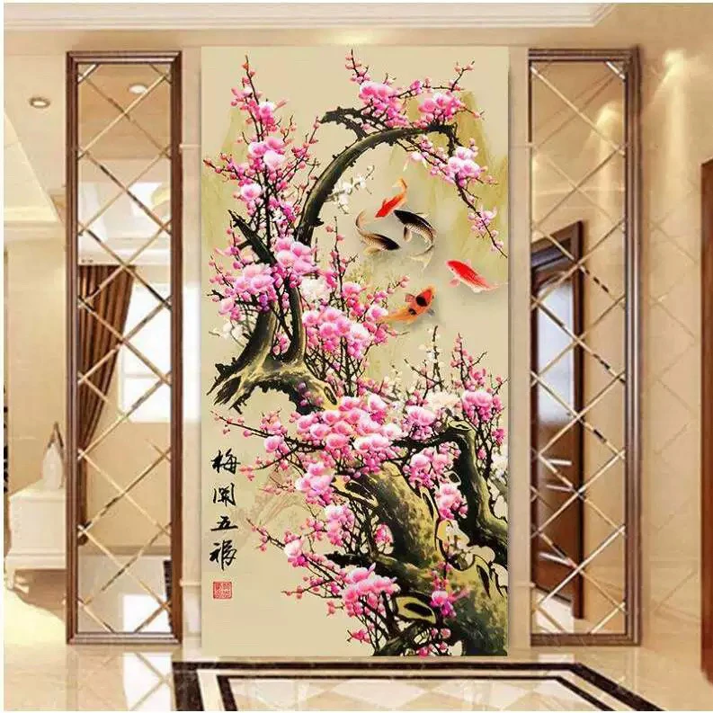 纯手工绣好的十字绣成品459竖版梅开五福装饰画