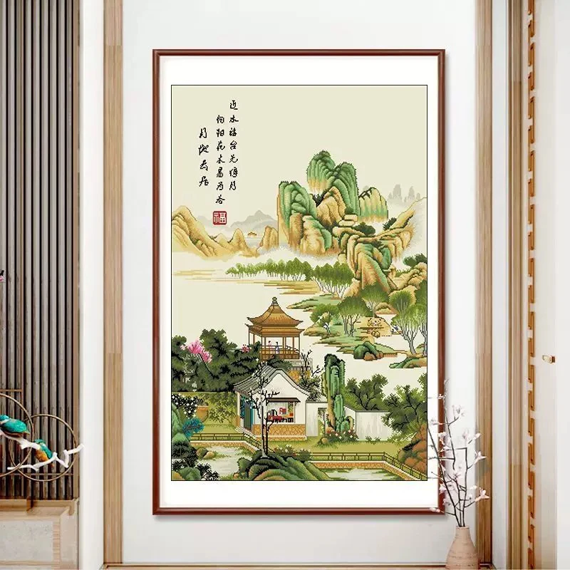 1.1米纯手工绣好的十字绣成品竖版月地云居装饰画