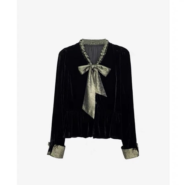 轻奢小香风显瘦丝绒拼接丝带领上衣女设计师百搭气质衬衫