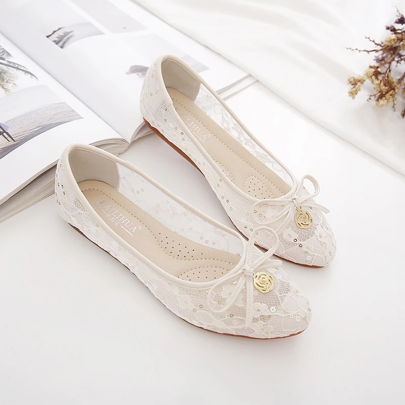 网面单鞋女平底鞋2025夏季新款凉鞋蕾丝透气网鞋妈妈鞋软底豆豆鞋