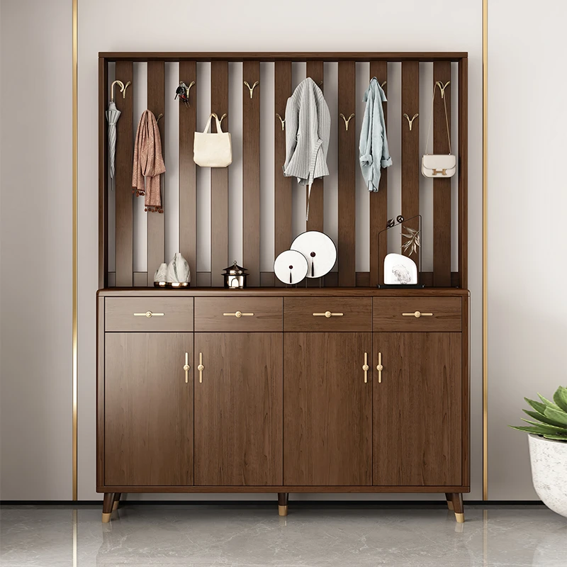 GULEJAR/顾乐家新中式胡桃色实木家用玄多功能大容量鞋柜带挂衣架