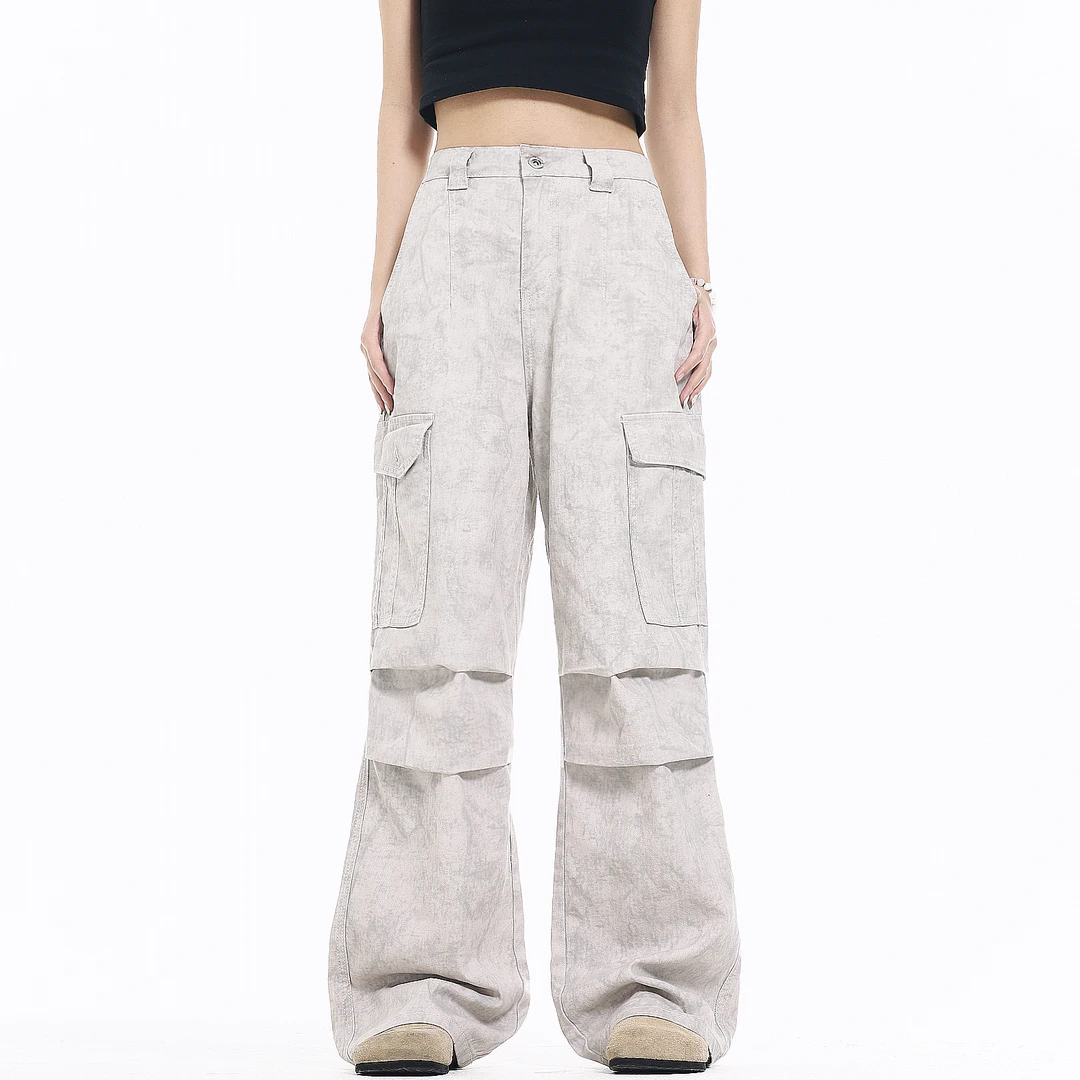 CDDR大理石暗纹美式工装裤宽松直筒多口袋褶皱设计感休闲伞兵裤子