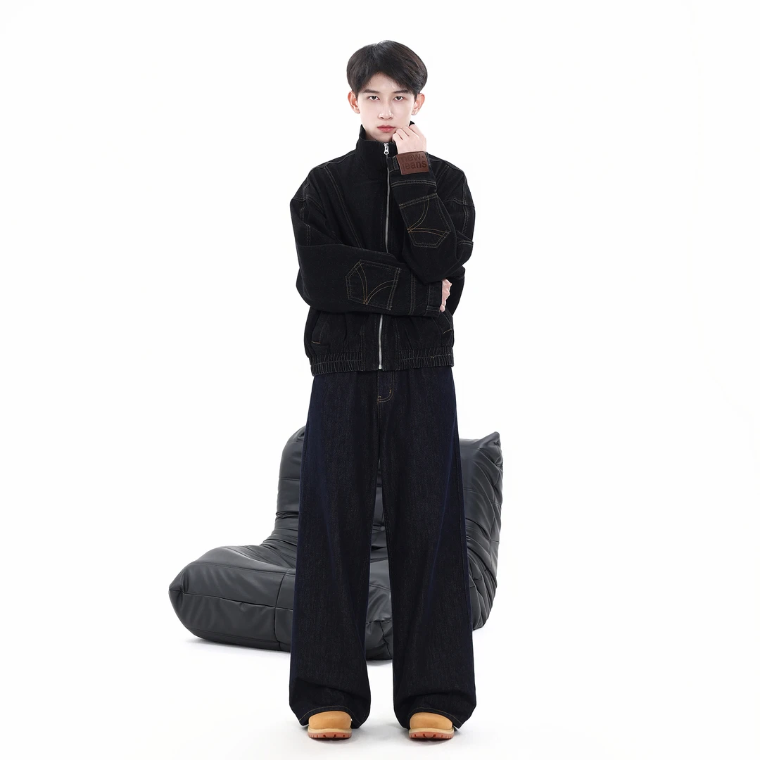 CDDR美式复古解构水洗设计感倒装分割立领宽松休闲牛仔外套情侣