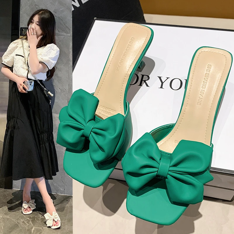 蝴蝶结拖鞋女夏季新款2025韩版仙女风时尚外穿粗跟方头凉拖鞋气质