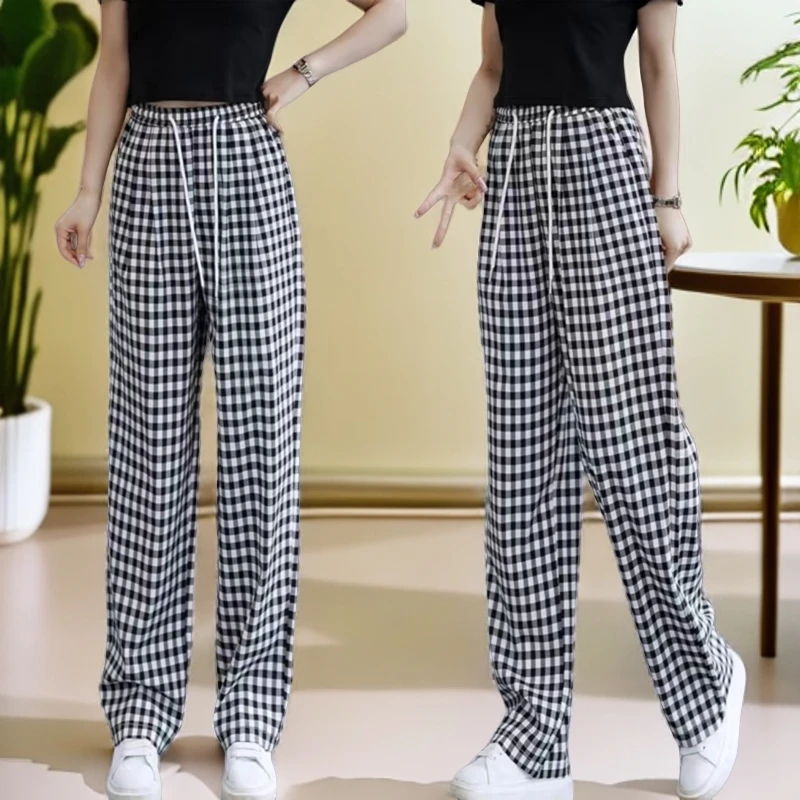 2496黑白格子大码女夏季薄款2025新款高腰垂感窄版直筒休闲冰丝裤