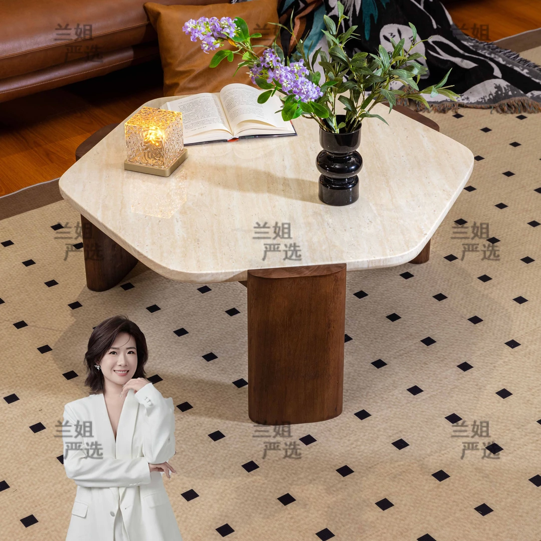 【兰姐】中古风北欧侘寂风大理石实木茶几现代简约小茶几家用茶几
