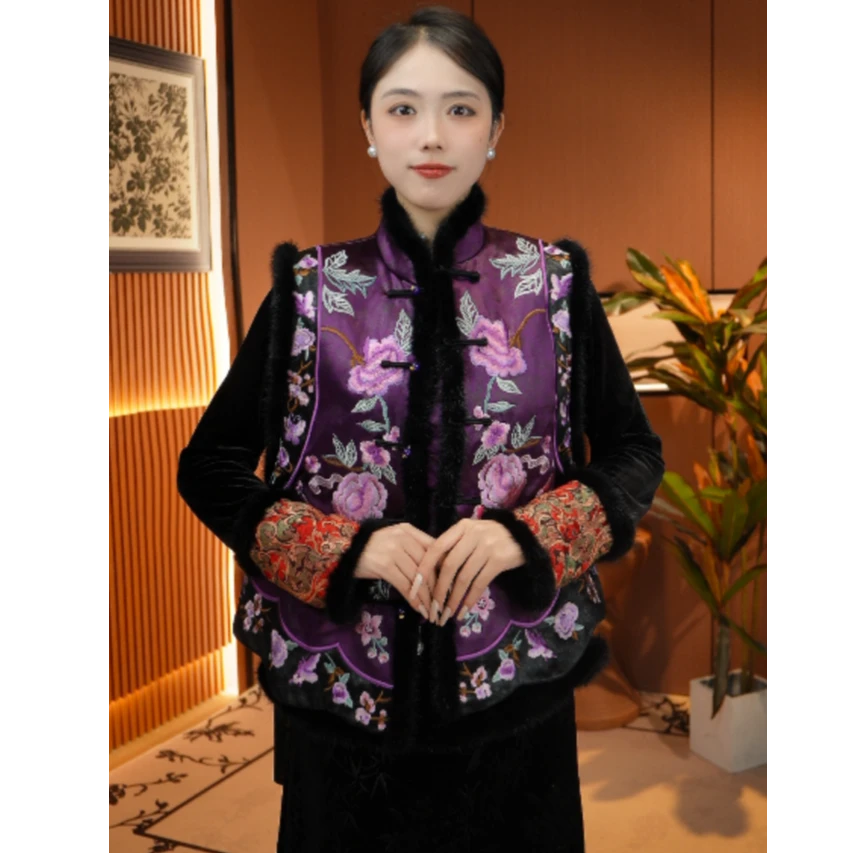 （紫苓）毛领新中式冬款夹棉加厚重工刺绣花罗马甲2024D9002思思