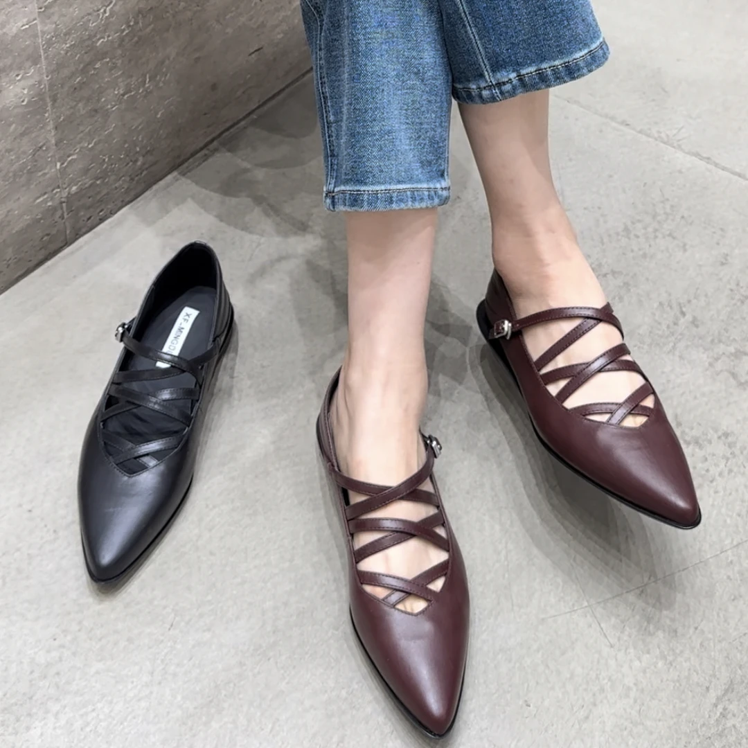 XF欧货真皮尖头浅口时尚交叉百搭千金风舒适平底女单鞋