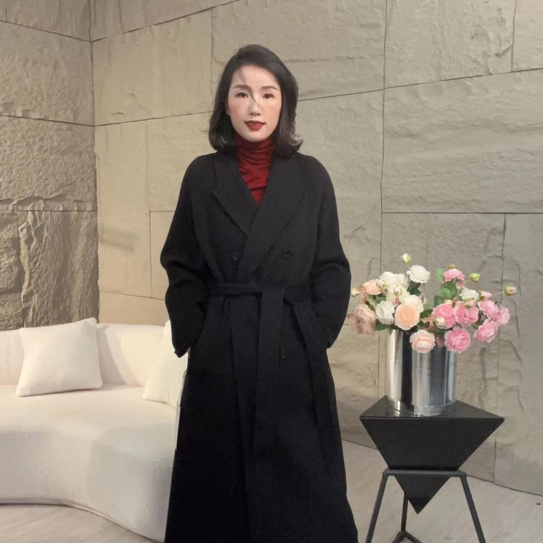 【赛姐高奢】中长款大衣纯色双面呢翻领气质外套105