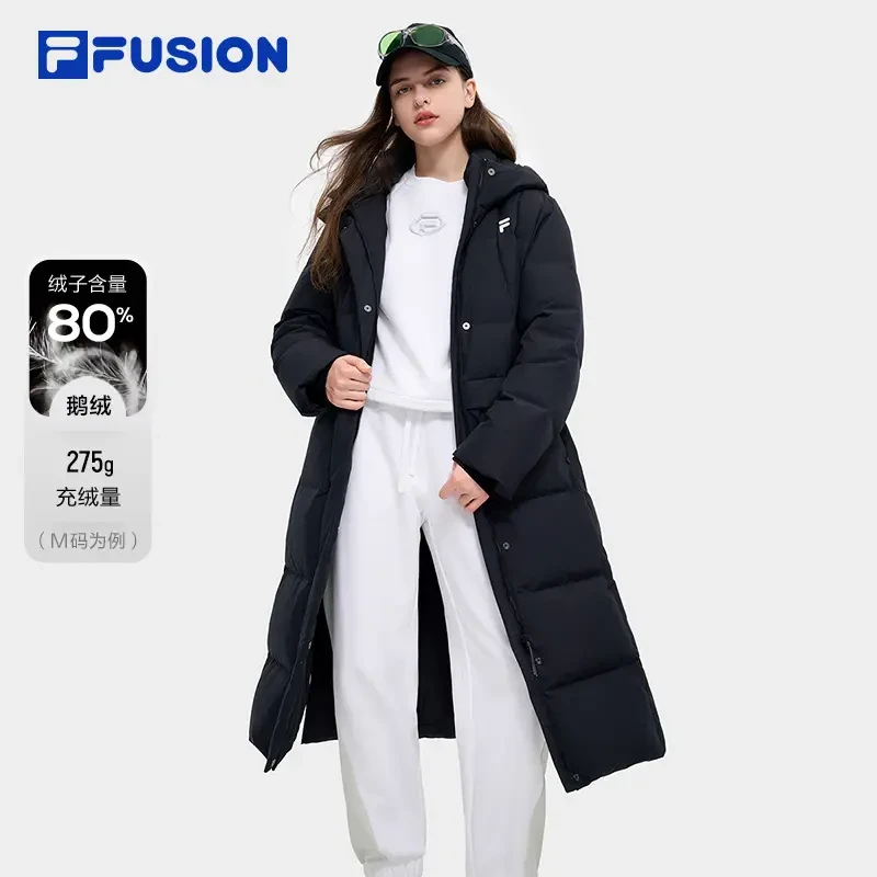 FILA/斐乐潮牌女冬季加绒保暖长款羽绒服运动连帽外套T11W441902F