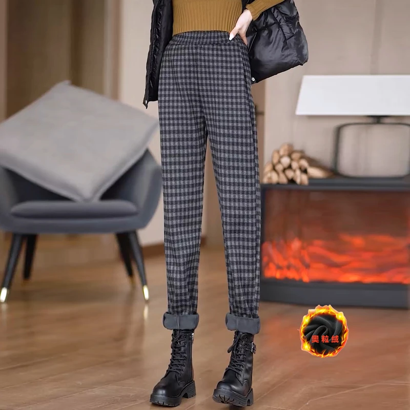 休闲百搭高腰保暖哈伦小脚裤女加绒时尚格子宽松显瘦锥形裤糯米