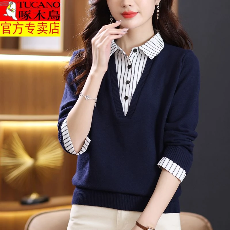 新款羊毛衫polo领假两件上衣秋季新款宽松洋气毛衣女针织打底衫