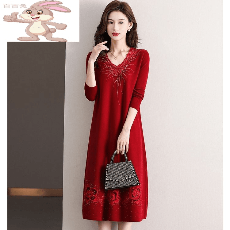 百吉兔中国风针织衫加肥加大码中长款羊毛衫秋冬V领过膝女装高档