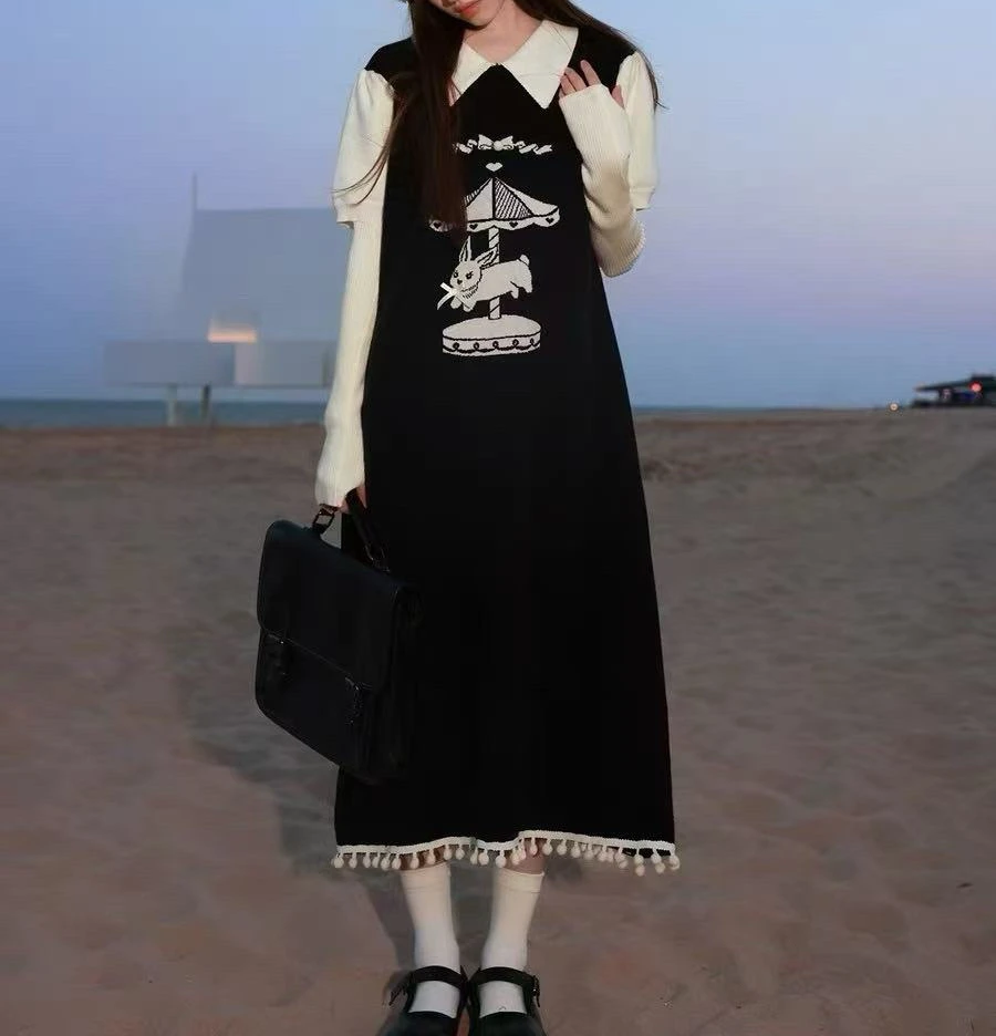 旋转飞兔甜美温柔风假两件连衣裙2024新款可拆袖套裙