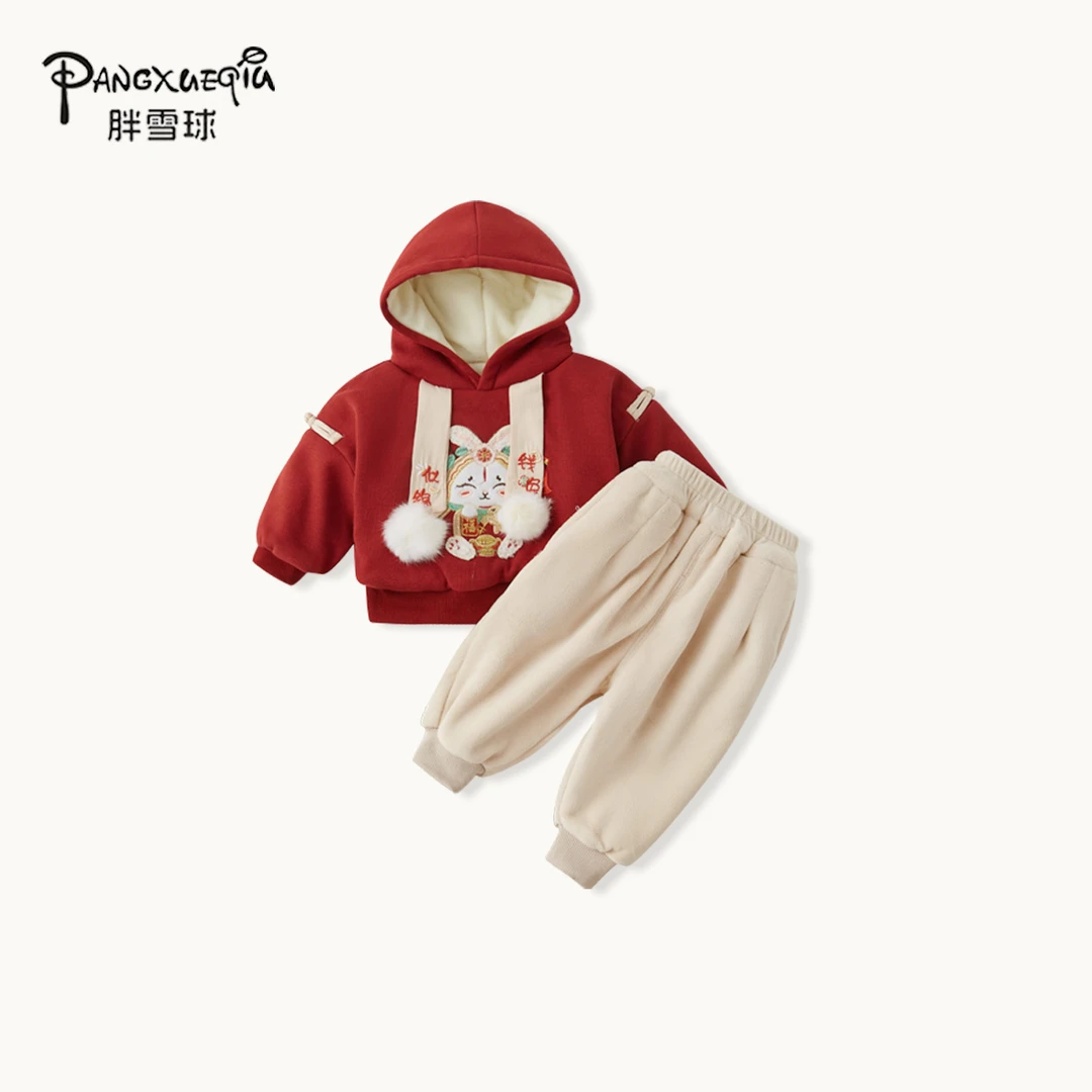【胖雪球】2024新款秋冬款套装加绒卫衣连帽红色父亲节儿童节婴儿