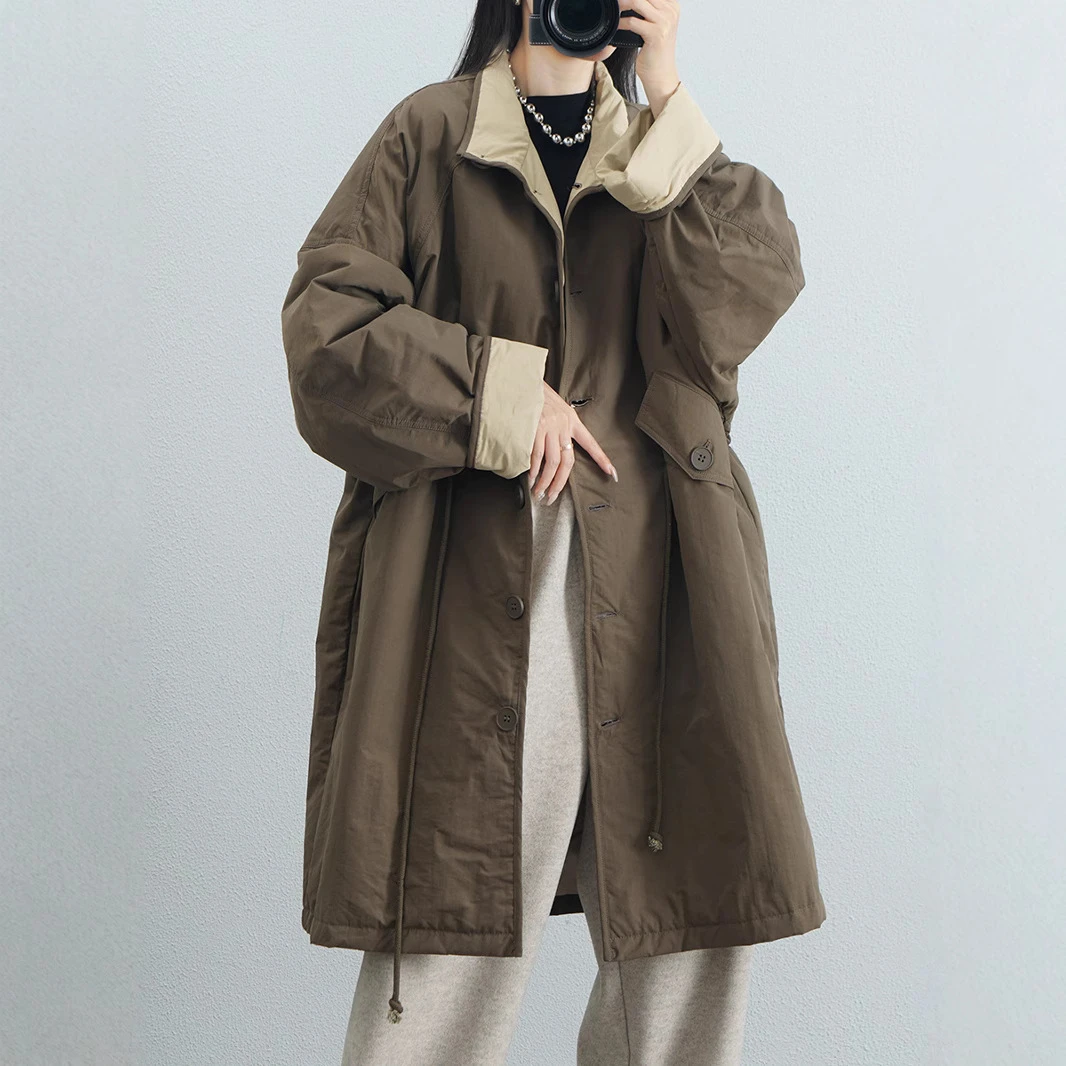 欧货休闲宽松大码风衣2024秋冬新款立领中长款外套简约工装棉服