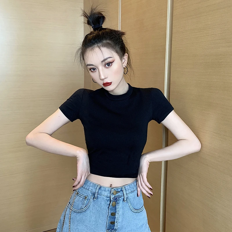 2023黑色t恤高腰短款T恤女短袖夏小个子爵士紧身漏肚脐露脐上衣