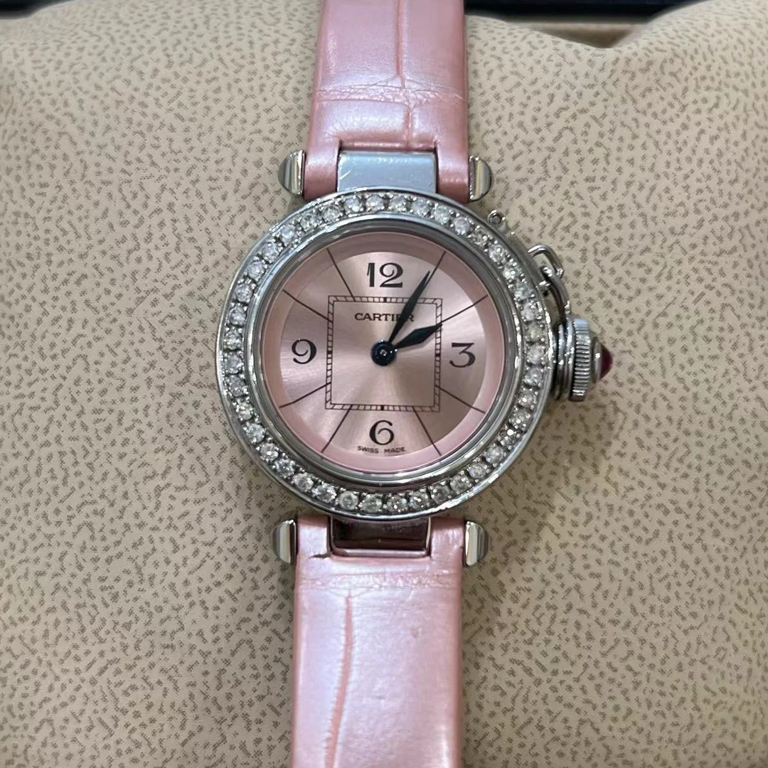 95新 Cartier/卡地亚 帕莎/27mm/石英/女表/粉色时尚名表