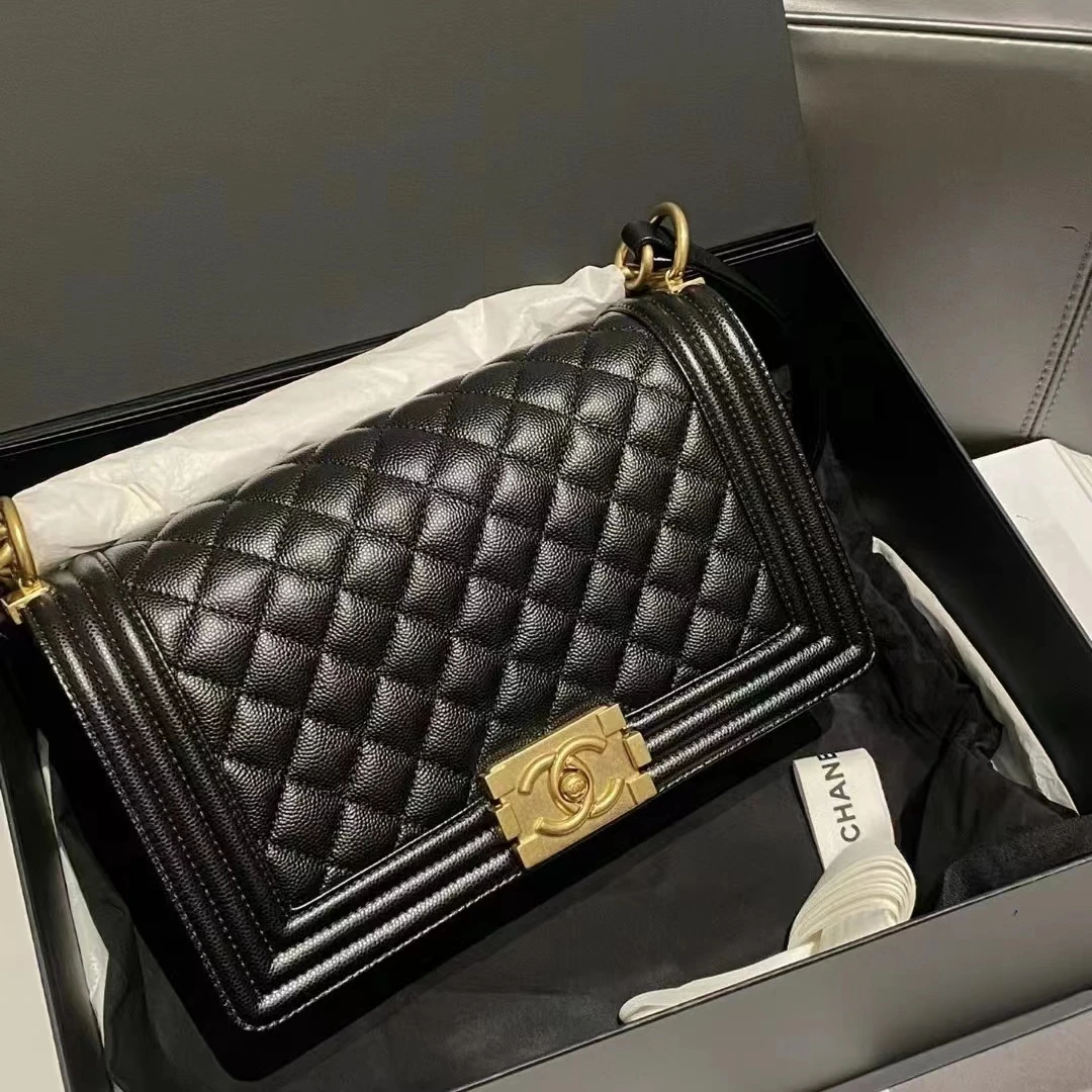 未使用 Chanel/香奈儿 22222/黑金中号荔枝leboy/单肩斜挎