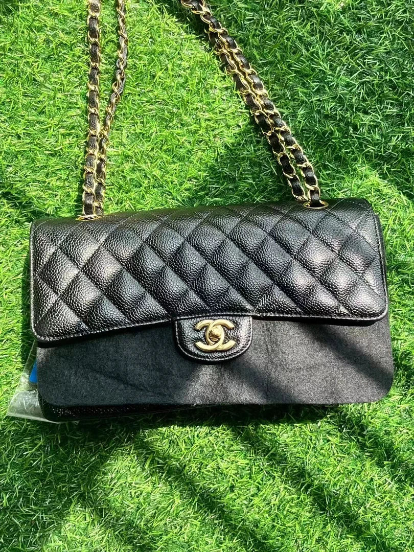 99新 Chanel/香奈儿 3322001/黑金荔枝牛中号cf/单肩斜挎包