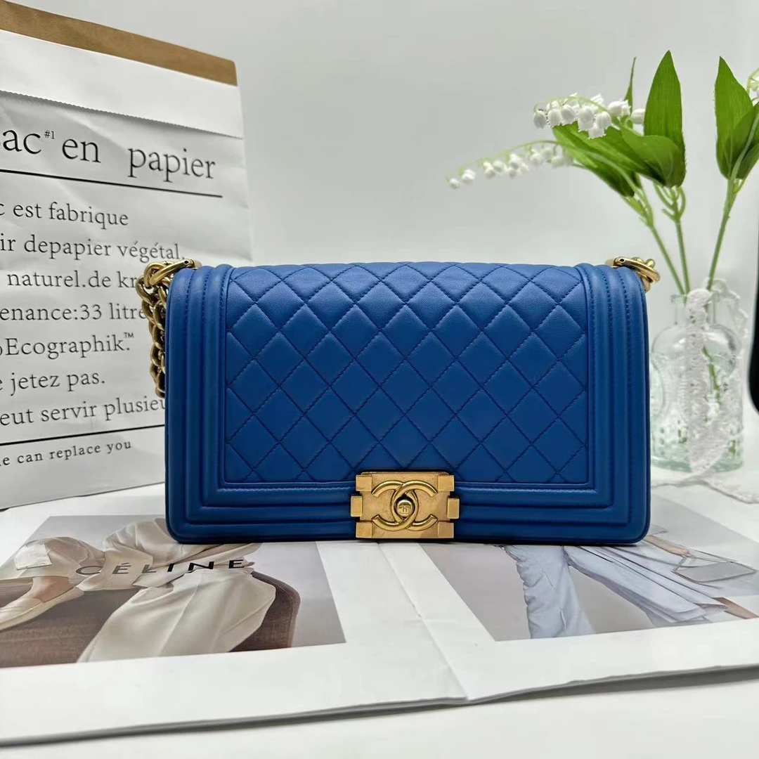 95新 Chanel/香奈儿 3070502/蓝色中号金leboy/单肩斜挎包/10专属