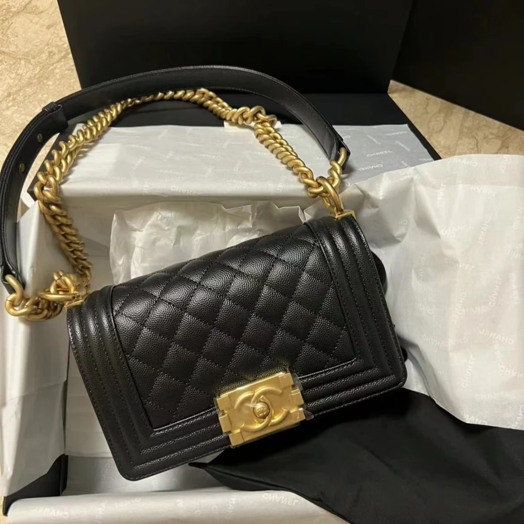 99新 Chanel/香奈儿 33221/黑金小号鱼子酱leboy/单肩包/