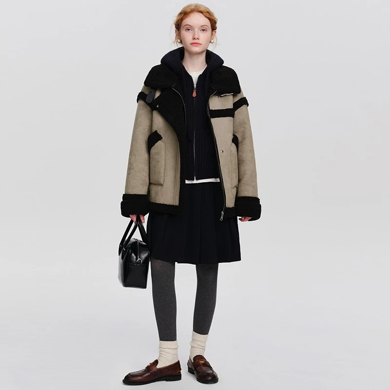 designer plus羊羔毛短外套女设计感皮毛一体加厚麂皮绒机车服