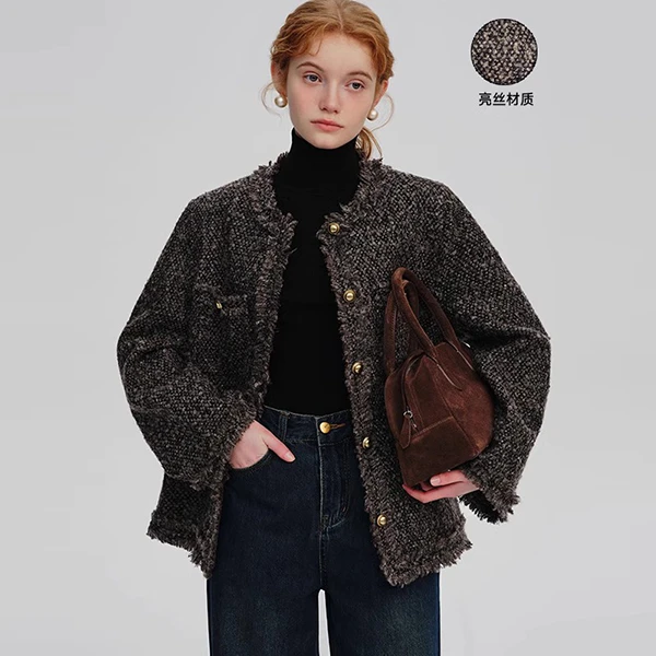 【智明粉丝专属】小香风外套女小个子加厚夹棉粗花呢仿羊羔毛上衣