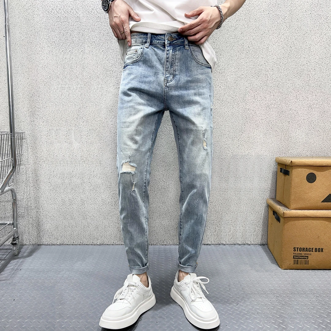 夏季浅色破洞牛仔裤男款爆款2024新款复古水洗弹力男士修身小脚裤