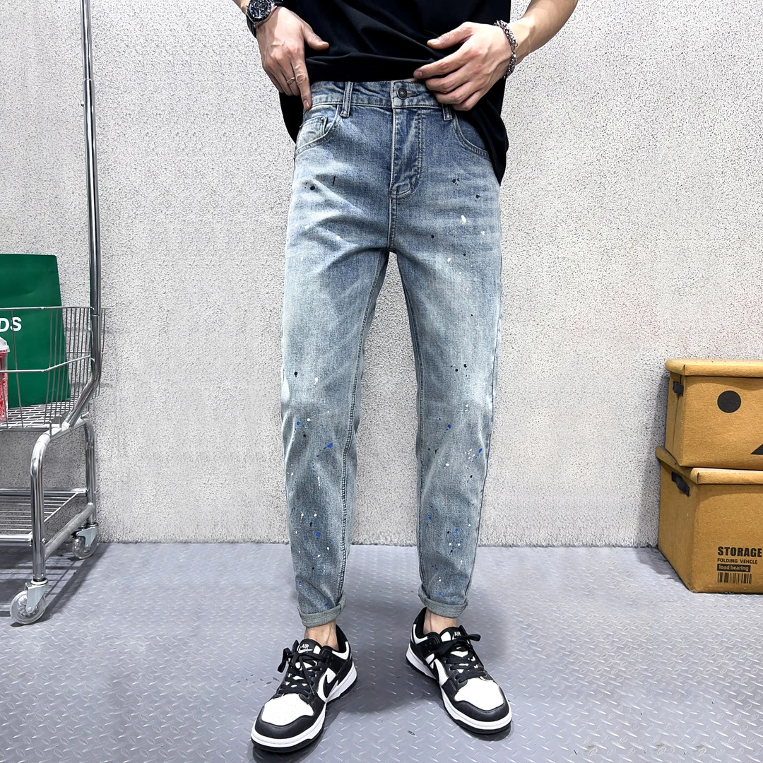 秋季牛仔裤男款爆款2025新款复古泼墨水洗男士修身小脚裤痞帅潮牌