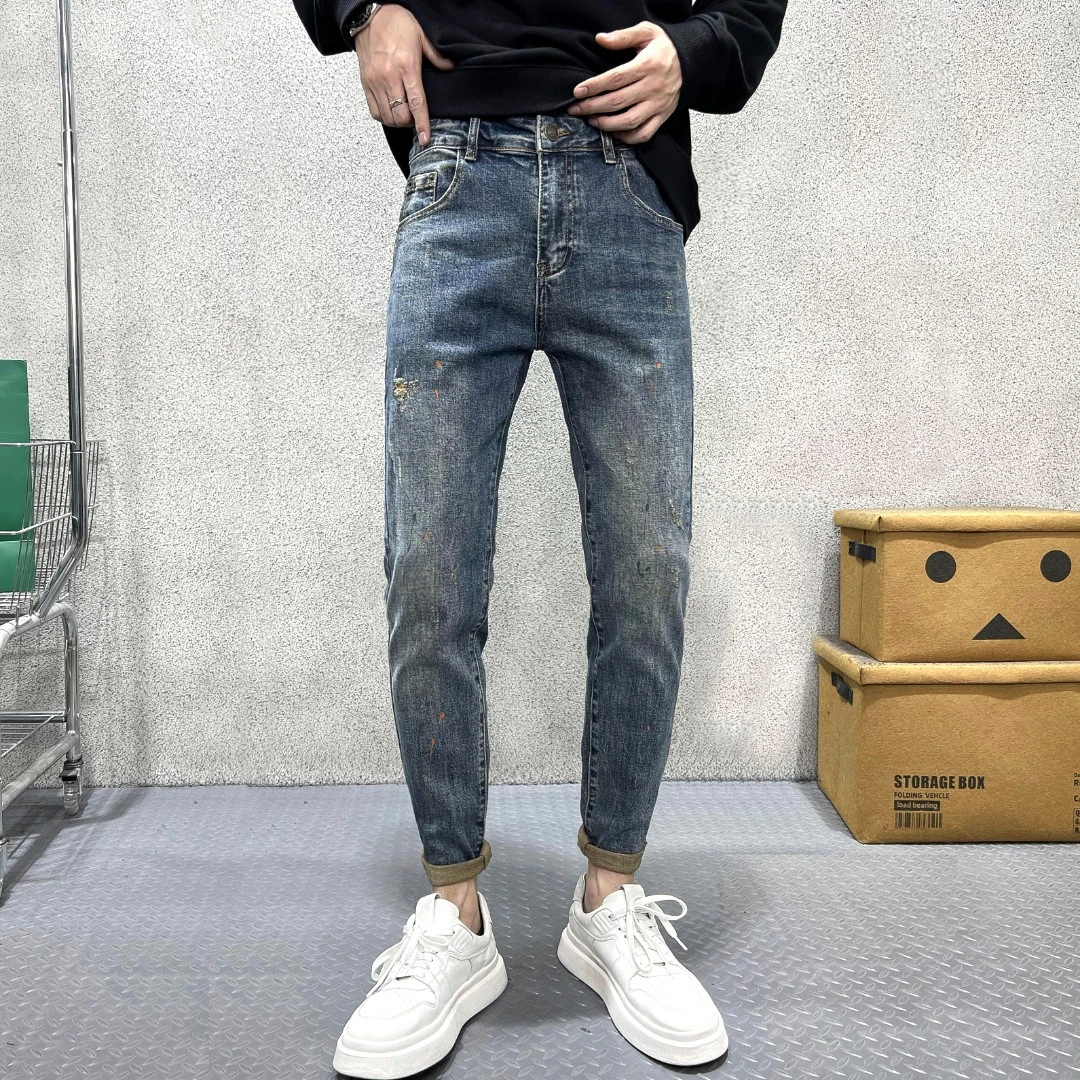 秋季牛仔裤男款爆款2025新款潮流时尚复古泼墨长裤潮牌修身小脚裤