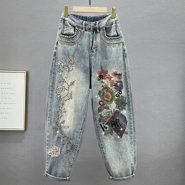 春夏新款复古百搭刺绣钉珠水洗牛仔裤女高腰宽松显瘦印花老爹裤潮