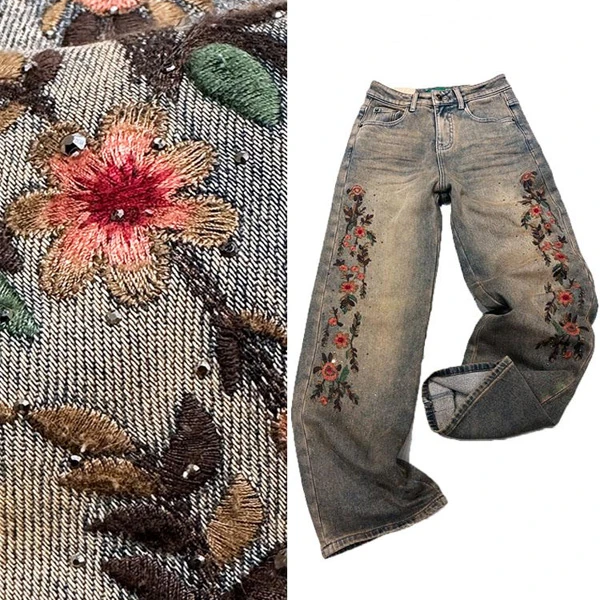 美式复古高腰显瘦做旧水洗牛仔裤女宽松显腿长休闲高街刺绣烫腿裤