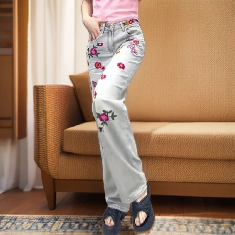 2025春夏新款复古高腰显瘦浅色牛仔裤女宽松绣花直筒拖地阔腿裤潮