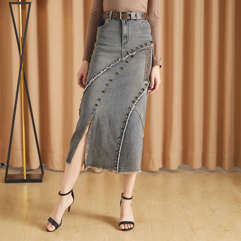 原创定制复古重工钉珠牛仔半身裙女气质高腰显瘦包臀开叉长款裙子